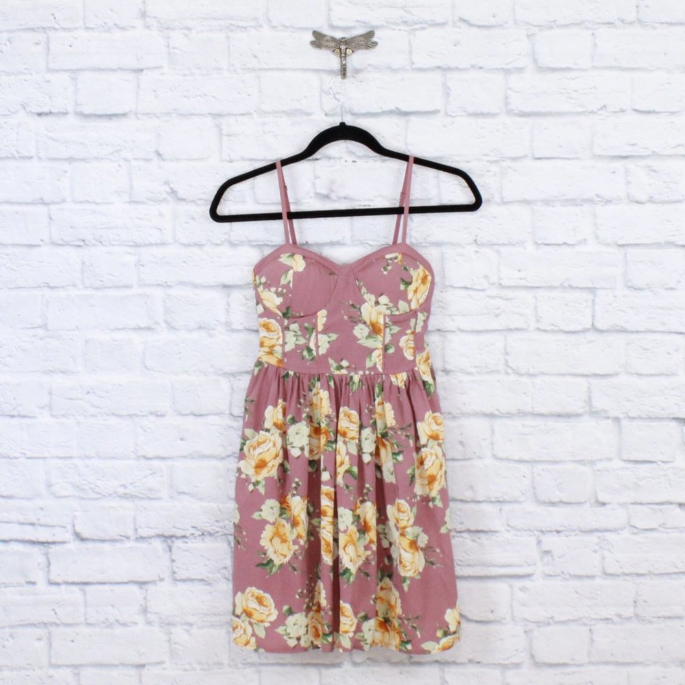 Band of Gypsies Pink Bra Top Summer Floral Sweetheart Mini Dress Size XS - Picture 1 of 9